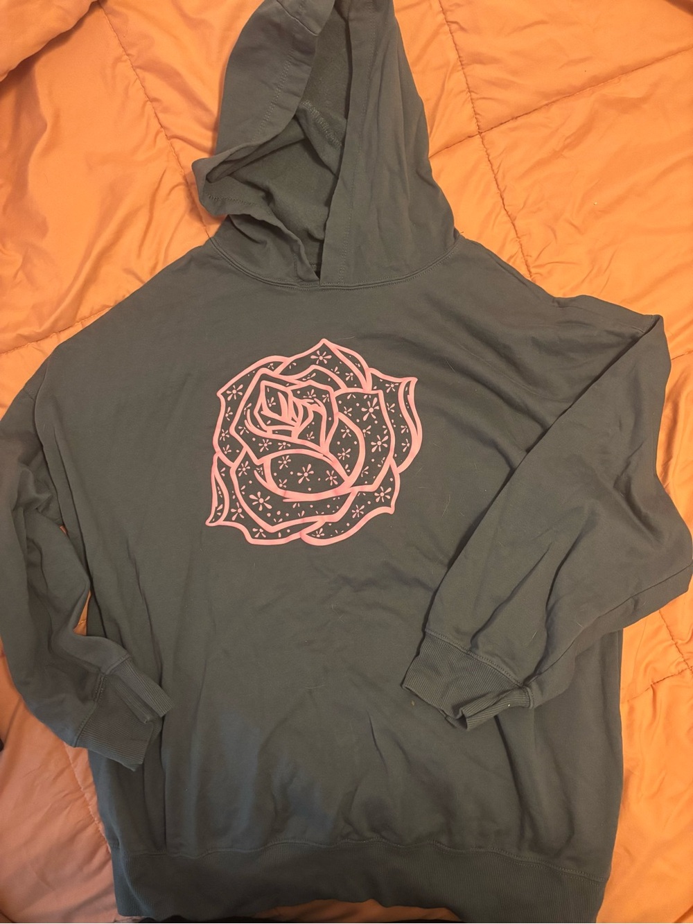 Rebellious One Gray Hoodie Sweater with Pink Rose Graphic